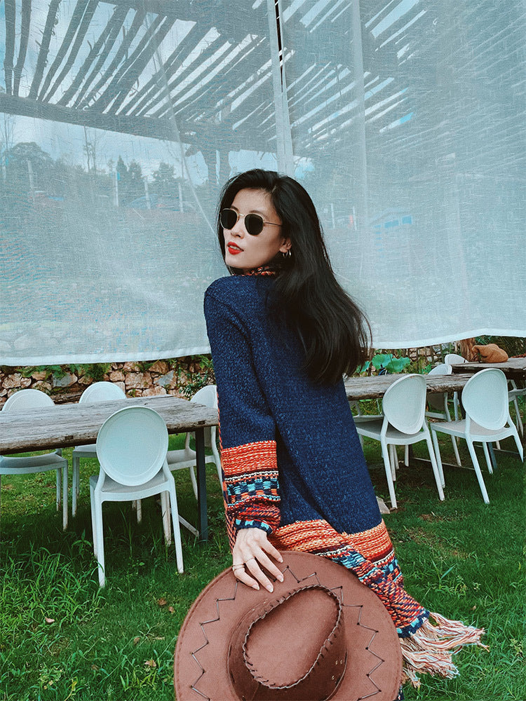 Boho Fringed Vintage Knitted Cardigan Women's Long Sweater Coat