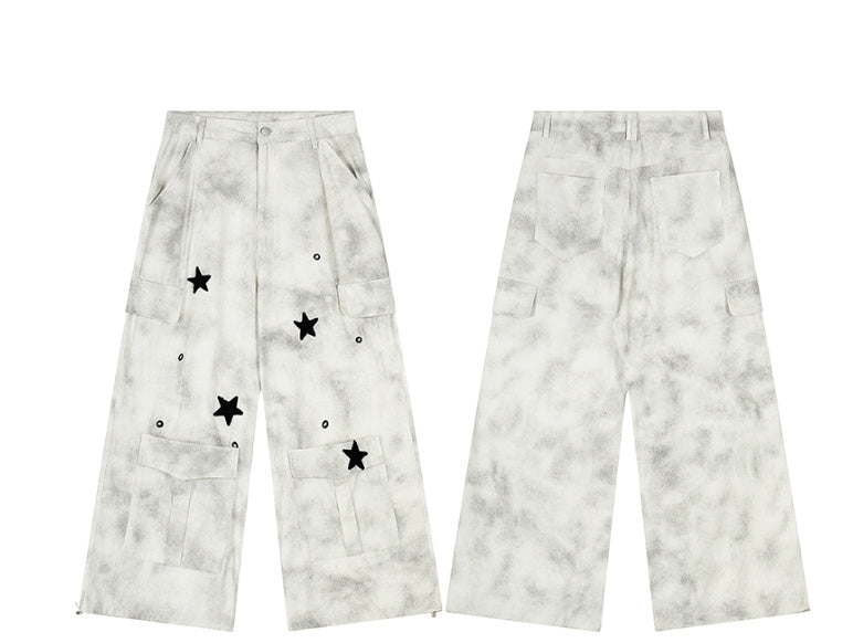 Worn Looking Washed-out Tie-dye Wide-leg Overalls