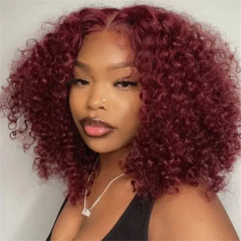 99J Colored Curly Deep Water Wave 13x4 Lace Front Wigs Preplucked Burgundy Red Short Cut Bob Frontal Wig 100% Human Hair 14 Inch
