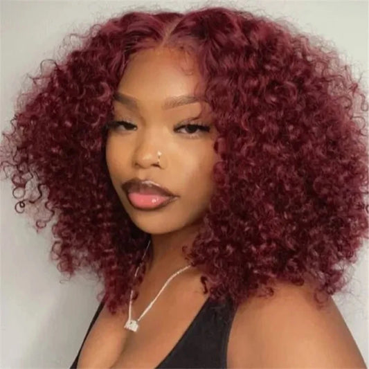 99J Colored Curly Deep Water Wave 13x4 Lace Front Wigs Preplucked Burgundy Red Short Cut Bob Frontal Wig 100% Human Hair 14 Inch