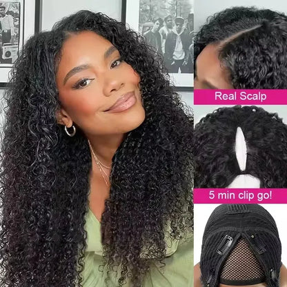 Kinky Curly V Part Wig Human Hair No Leave Out Thin Part Brazilian Hair Wigs for Women 250% Afro Curly Glueless V/U Part Wigs