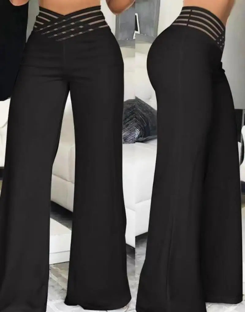 High Waist Solid Color Wide Leg Pants Summer Chic Loose Elegant Metal Flared Pant Office Ladies Straight Holiday Women Trousers