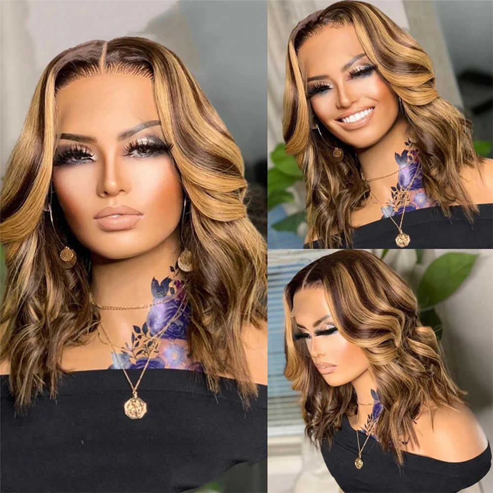 Highlight Body Wave Bob Wig Human Hair 13X4 Lace Front Human Hair Wigs For Women Honey Blonde HD Transparent Lace Frontal Wig