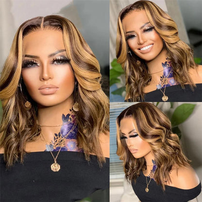 Highlight Body Wave Bob Wig Human Hair 13X4 Lace Front Human Hair Wigs For Women Honey Blonde HD Transparent Lace Frontal Wig
