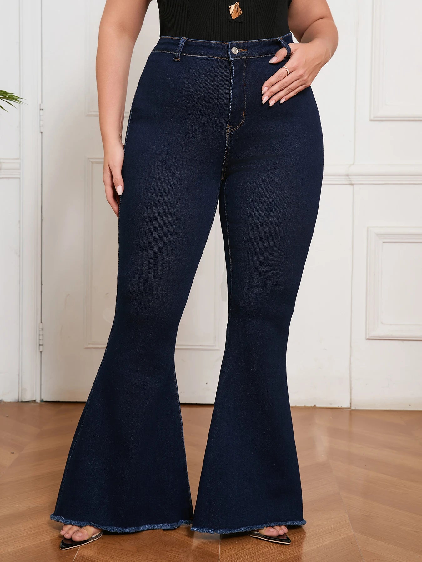 Plus Size High Waist Flared Jeans Women Dark Wash Stretch Denim Bell Bottom Pants Trendy Slimming Casual and Party Wear