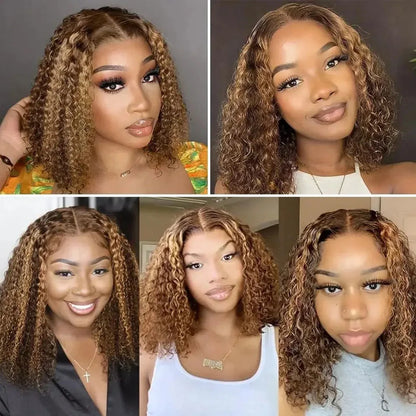 Curly Short Bob Wig Highlight 4/27 Honey Blonde 100% Human Hair 13x4 Lace Front Wig Deep Wave For Women Virgin Human Hair