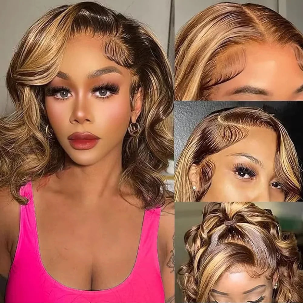 Highlight Body Wave Bob Wig Human Hair 13X4 Lace Front Human Hair Wigs For Women Honey Blonde HD Transparent Lace Frontal Wig