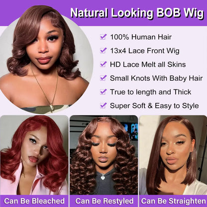 Umi 13x4 HD loose short Bob Wig Transparent Lace Frontal wig 220% Density body wave 100% Human Hair 8-16 Inch chocolate brown #4