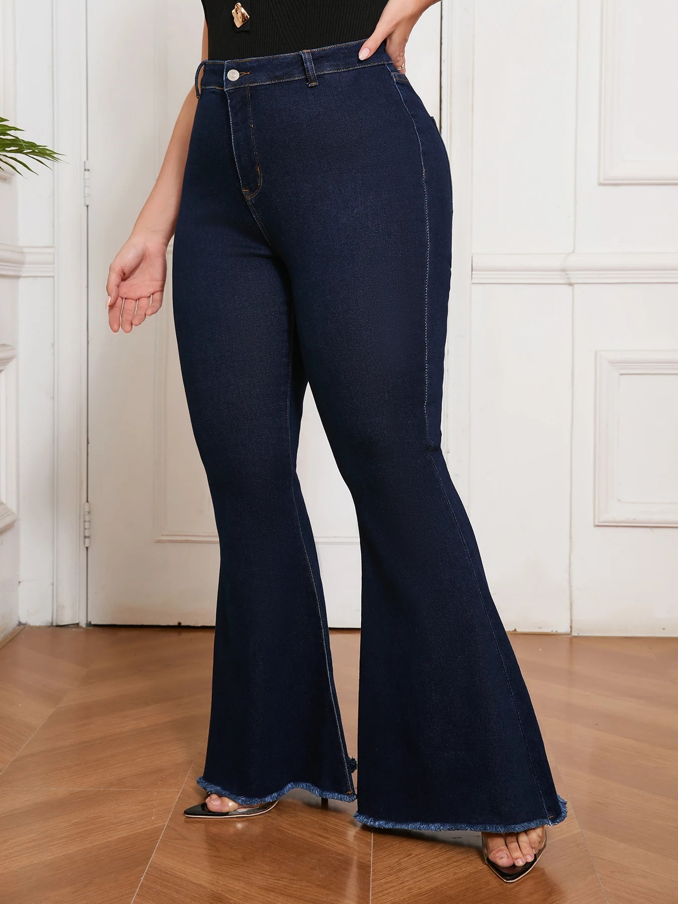 Plus Size High Waist Flared Jeans Women Dark Wash Stretch Denim Bell Bottom Pants Trendy Slimming Casual and Party Wear