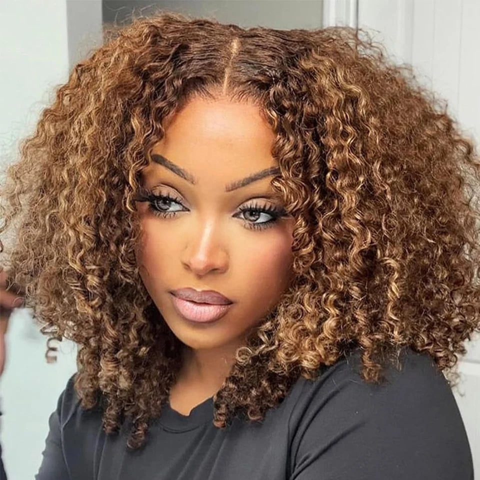 Curly Short Bob Wig Highlight 4/27 Honey Blonde 100% Human Hair 13x4 Lace Front Wig Deep Wave For Women Virgin Human Hair