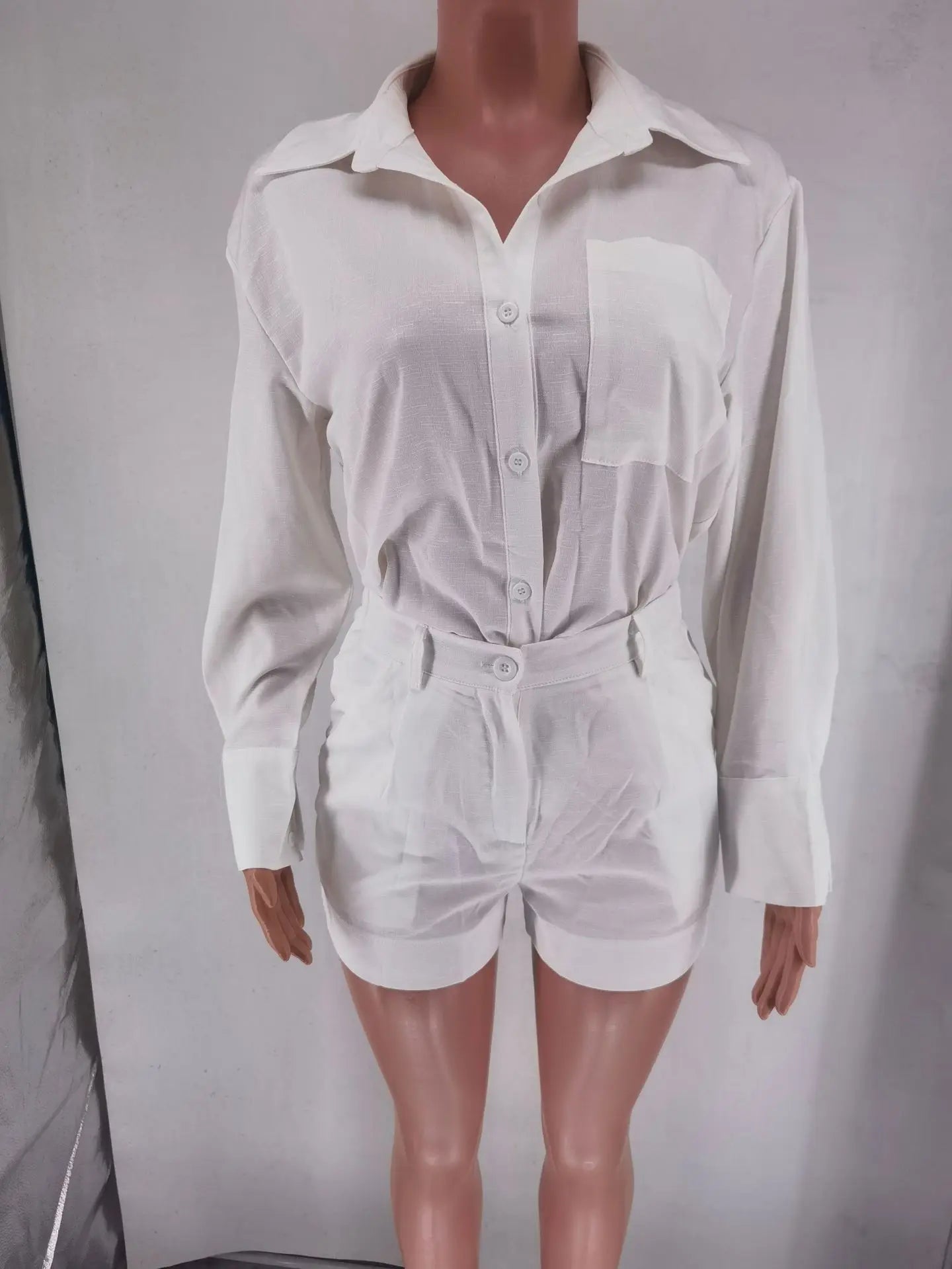 Women Long Sleeve 2 Pieces Sets Casual Simple Button Pockets Short Pant with Shirts Tops 2026 Summer Fashion Suit Female Outfits