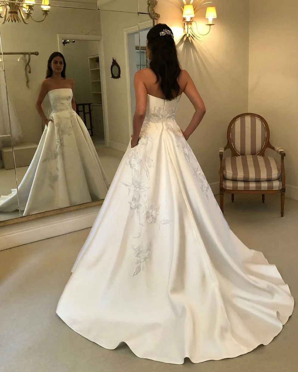 Msikoods Customized Strapless Satin Wedding Dress A Line Floral Embroidery Elegant Bride Gown Pocket Women Simple Bridal Dress