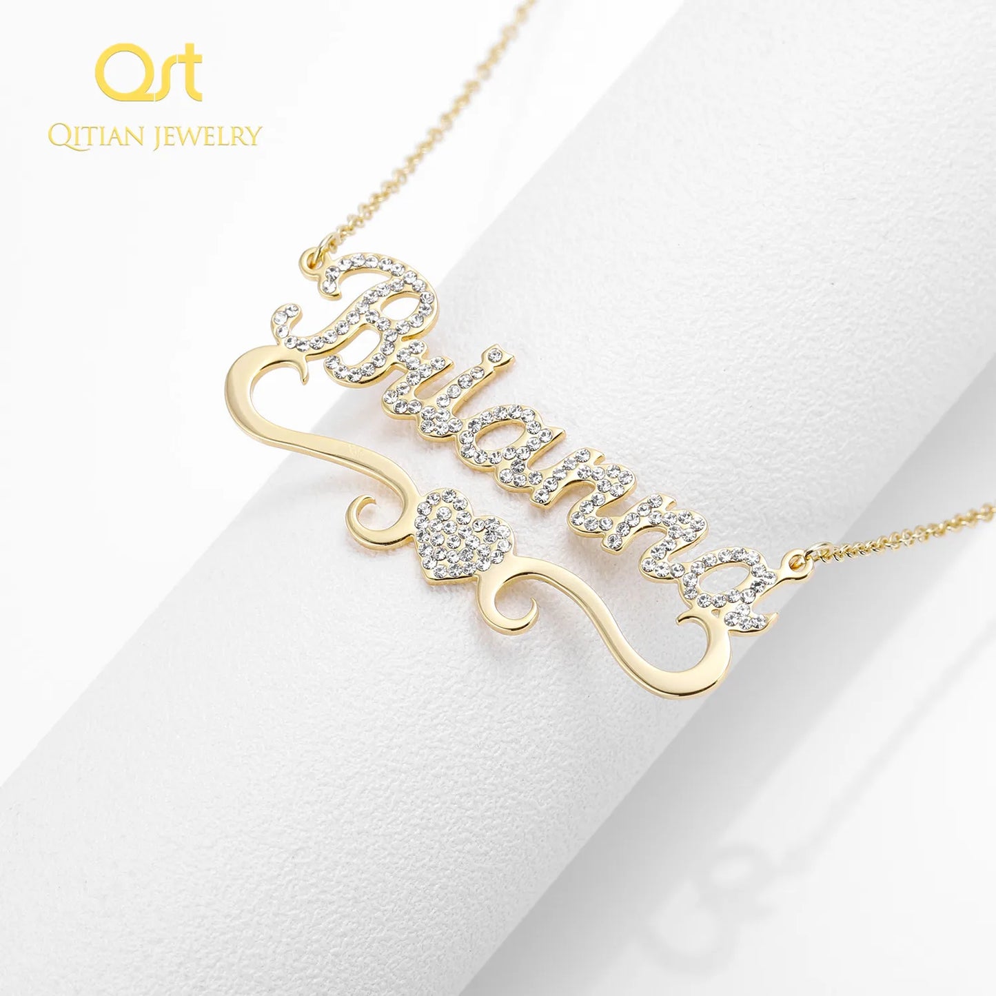 Qitian Personalized Name Necklace With Heart For Women Custom Gold Stainless Steel BlingBling Pendant Custom Iced Out Necklaces