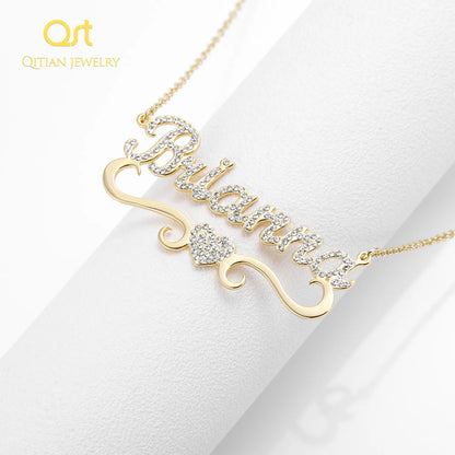 Qitian Personalized Name Necklace With Heart For Women Custom Gold Stainless Steel BlingBling Pendant Custom Iced Out Necklaces