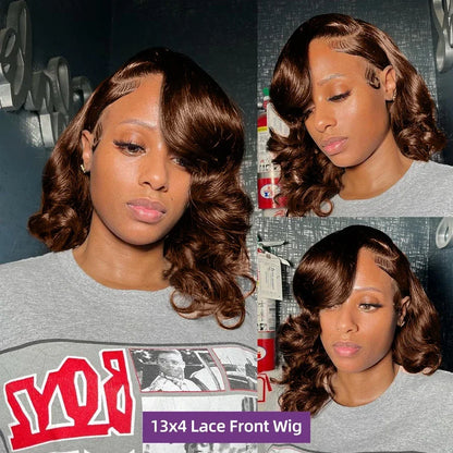 Umi 13x4 HD loose short Bob Wig Transparent Lace Frontal wig 220% Density body wave 100% Human Hair 8-16 Inch chocolate brown #4