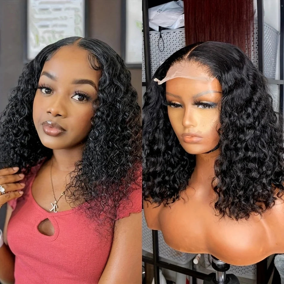 Kinky Curly Bob 13x4 4x4 Lace Front Human Hair Wig Deep Wave Short Bob 100% Human Hair Brazilian Natural Black Wigs For Women