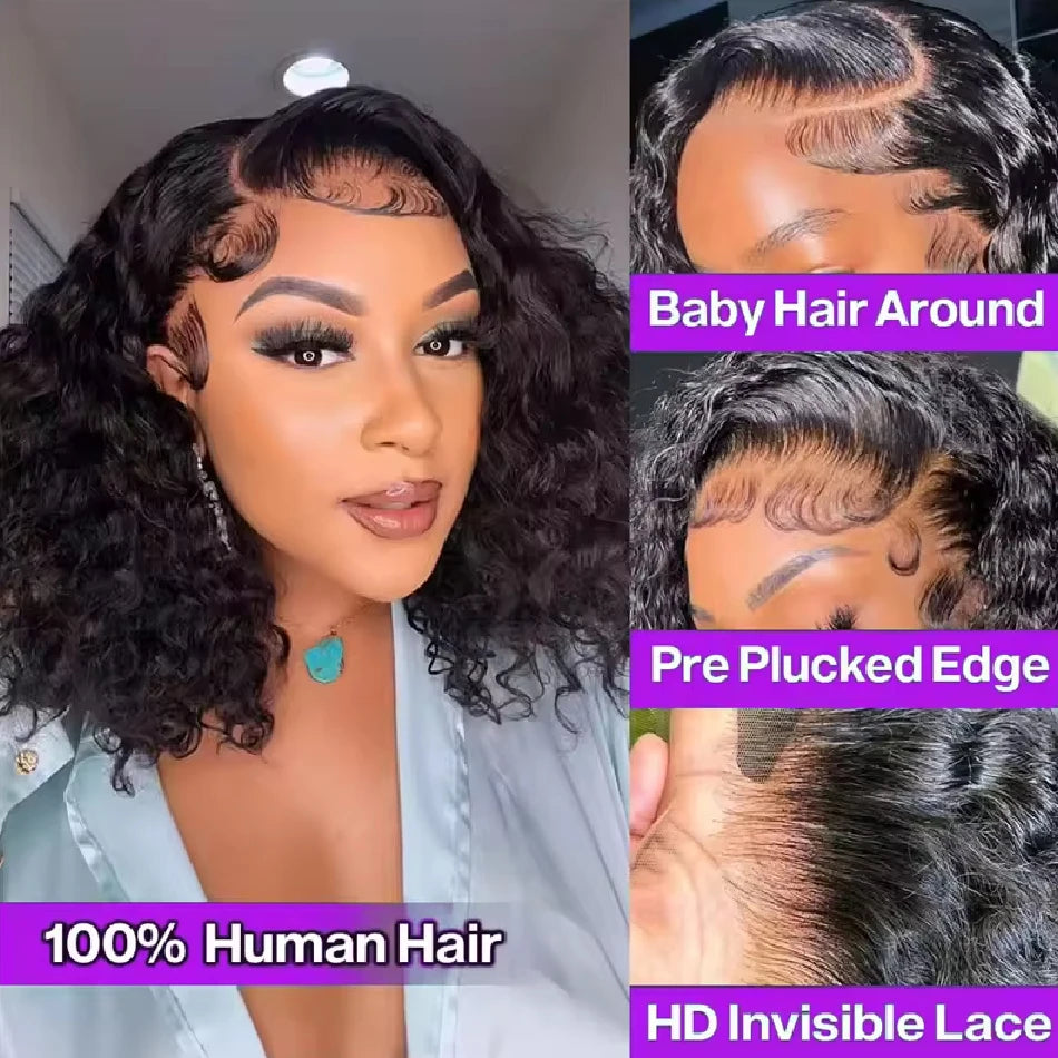 Curly Bob Wig Human Hair Glueless 13x4 Lace Front Wigs 250% Density Mongolian HD Kinky Curly Bob Lace Frontal Wigs Wet and Wavy