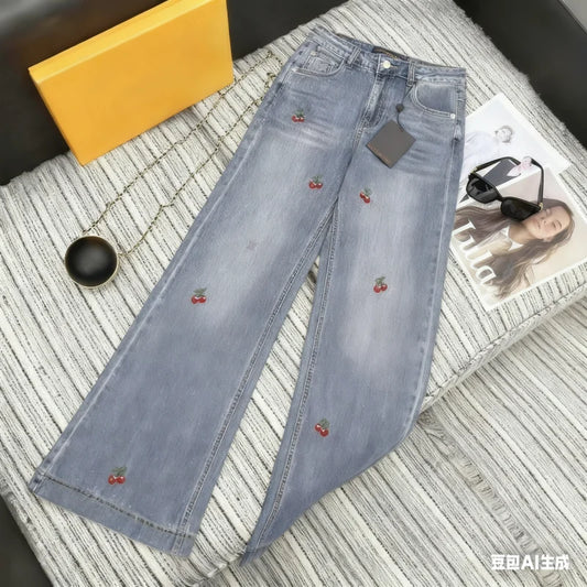 2025 Autumn/Winter Women's Embroidered Letter Hot Diamond Cowboy Straight Leg Pants SU085