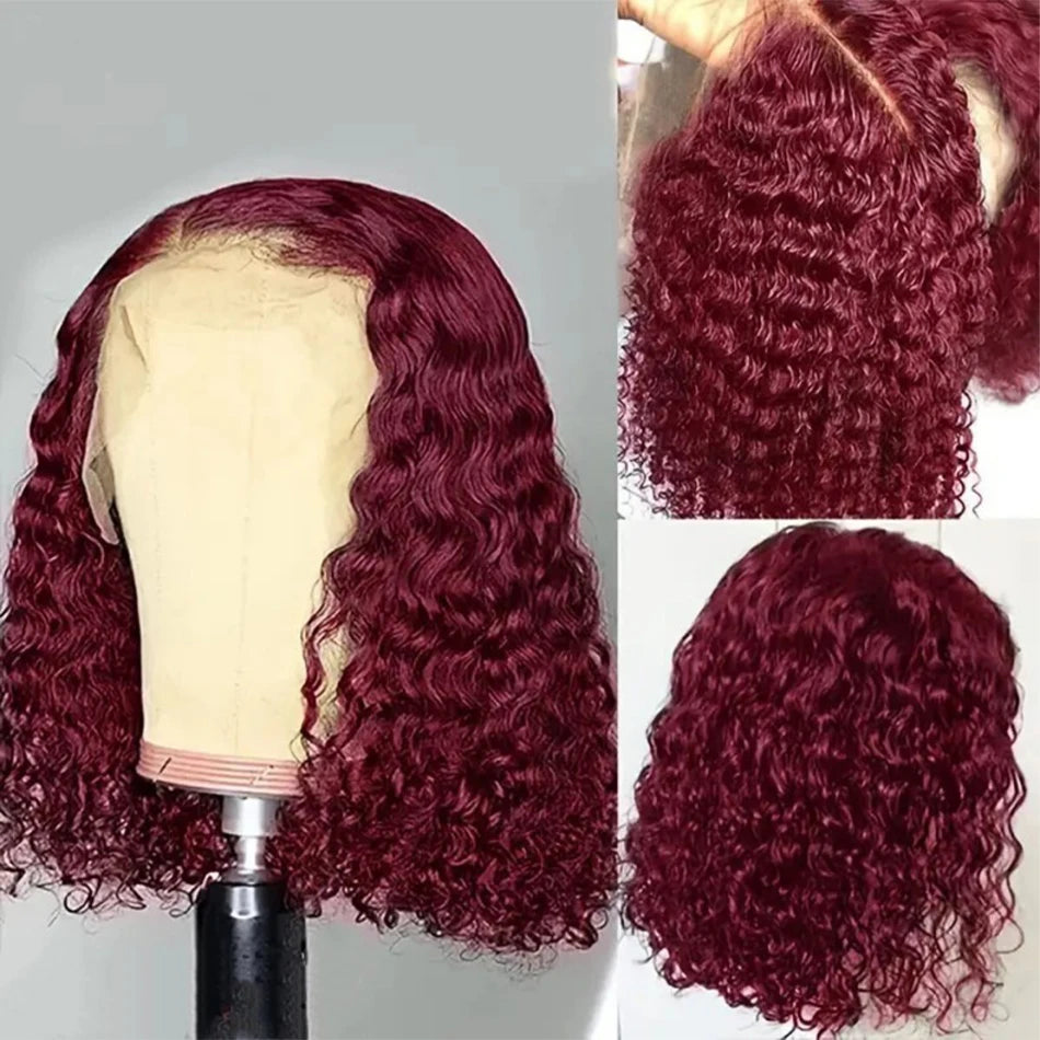 99J Colored Curly Deep Water Wave 13x4 Lace Front Wigs Preplucked Burgundy Red Short Cut Bob Frontal Wig 100% Human Hair 14 Inch