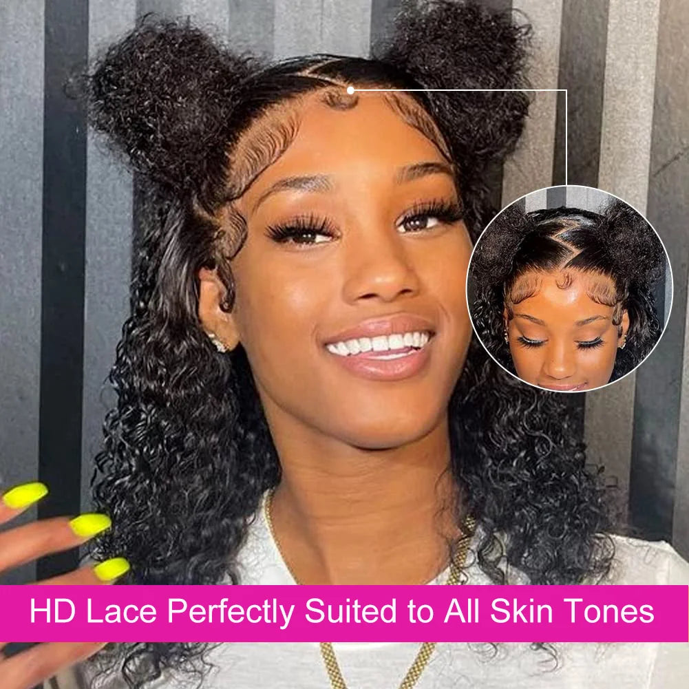 Brazilian 100% Human Deep Curly Bob Hair Wigs Natural Black Color Deep Wave HD Lace Front Part 13x4 Transparent Lace Wigs