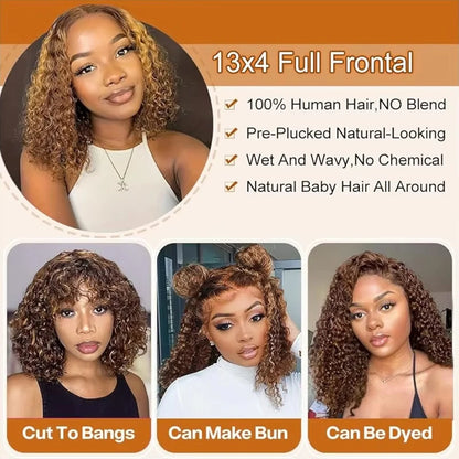 Curly Short Bob Wig Highlight 4/27 Honey Blonde 100% Human Hair 13x4 Lace Front Wig Deep Wave For Women Virgin Human Hair