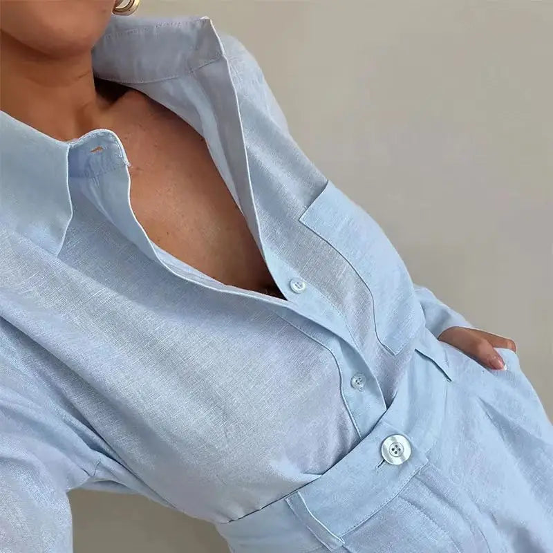 Women Long Sleeve 2 Pieces Sets Casual Simple Button Pockets Short Pant with Shirts Tops 2026 Summer Fashion Suit Female Outfits