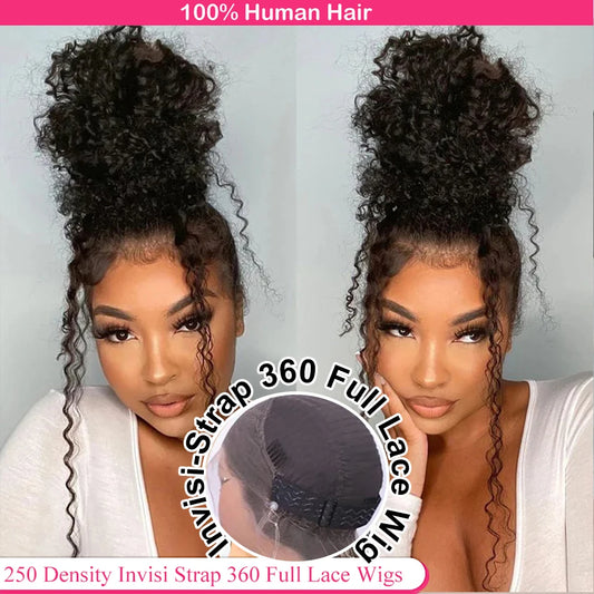 Invisible Strap HD 360 Full Lace Glueless Wigs Human Hair Deep Curly Wigs HD 360 Lace Frontal Wigs Wear and Go Glueless Wigs