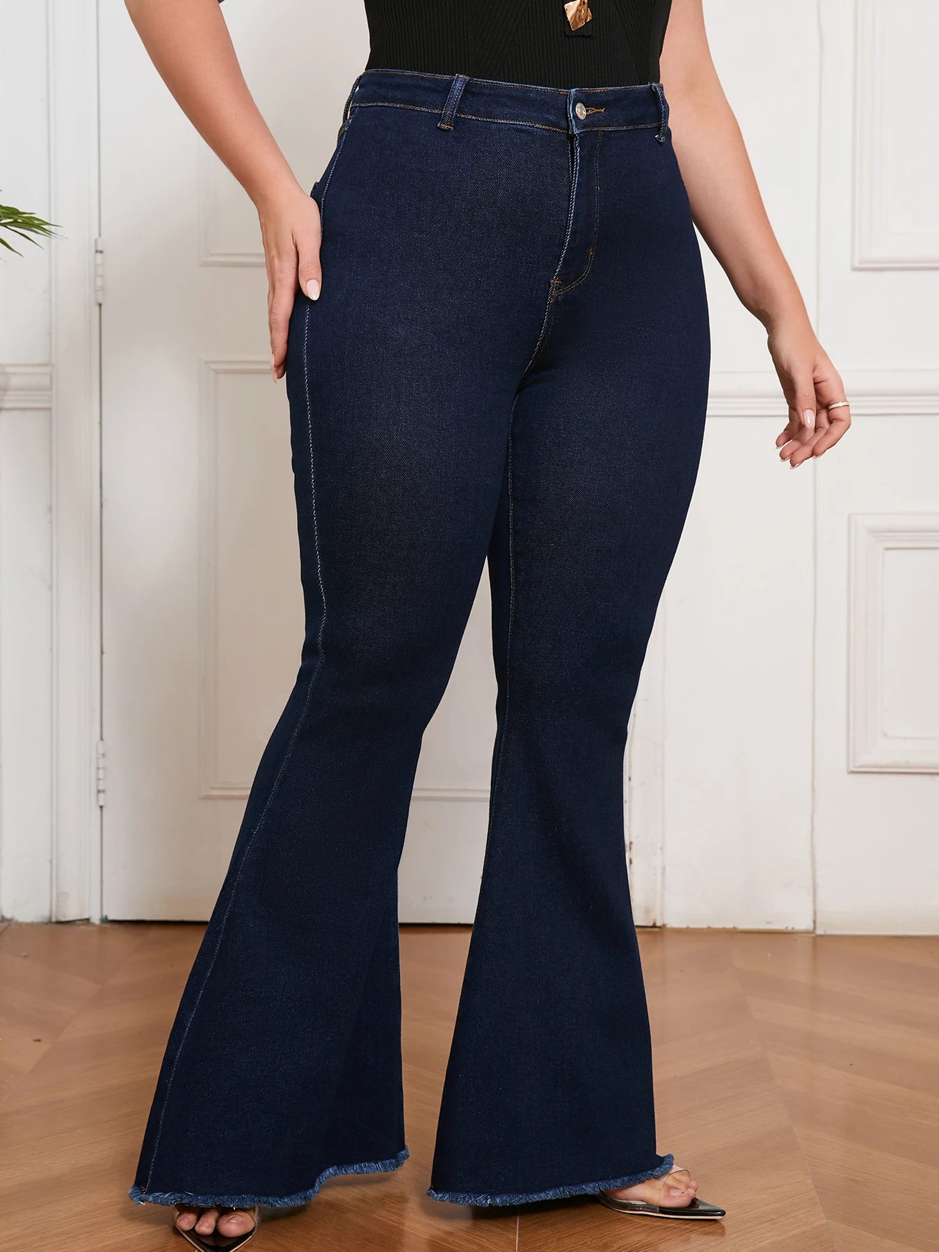 Plus Size High Waist Flared Jeans Women Dark Wash Stretch Denim Bell Bottom Pants Trendy Slimming Casual and Party Wear