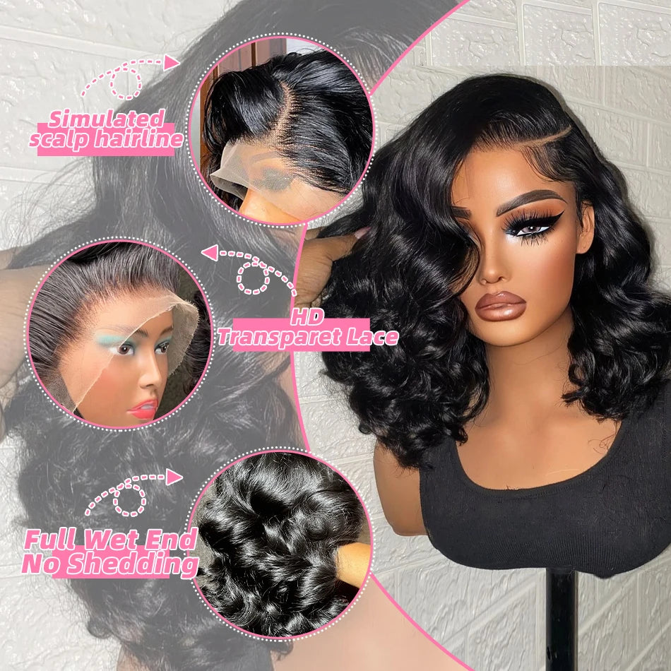 230% Density Body Wave Short Bob Wigs Human Hair 13x4 Transparent Lace Frontal Human Hair Wig 4x4 Lace Closure Bob Wig For Women