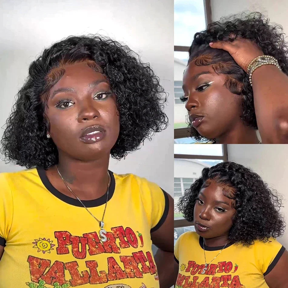 Brazilian 100% Human Deep Curly Bob Hair Wigs Natural Black Color Deep Wave HD Lace Front Part 13x4 Transparent Lace Wigs