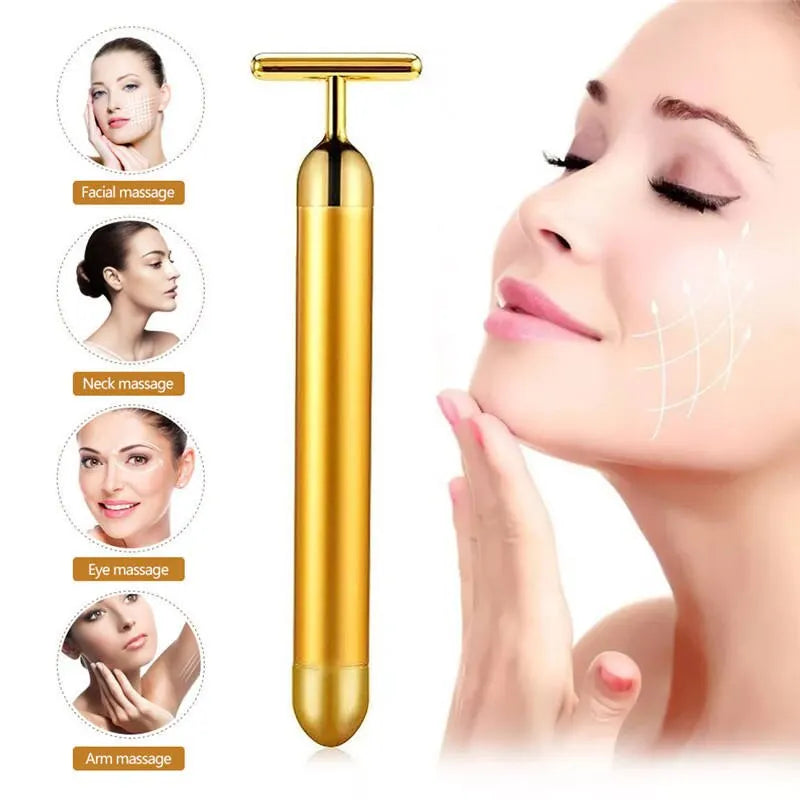 24K Gold Roller Vibrating Facial Massager Slimming Facial Skin Beauty Pulse Firming Face Massage Lift Tightening Wrinkle Bar