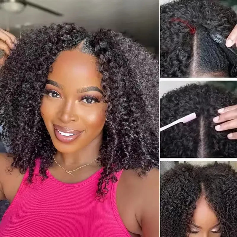 Kinky Curly V Part Wig Human Hair No Leave Out Thin Part Brazilian Hair Wigs for Women 250% Afro Curly Glueless V/U Part Wigs