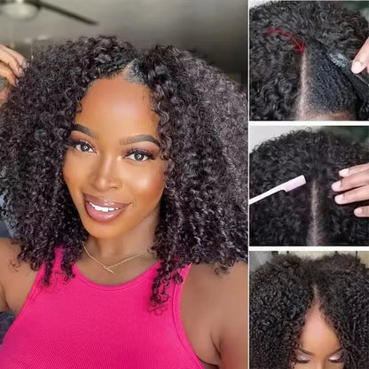 Kinky Curly V Part Wig Human Hair No Leave Out Thin Part Brazilian Hair Wigs for Women 250% Afro Curly Glueless V/U Part Wigs