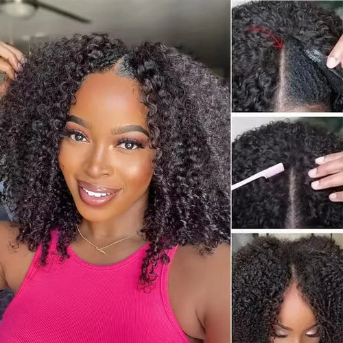 Kinky Curly V Part Wig Human Hair No Leave Out Thin Part Brazilian Hair Wigs for Women 250% Afro Curly Glueless V/U Part Wigs