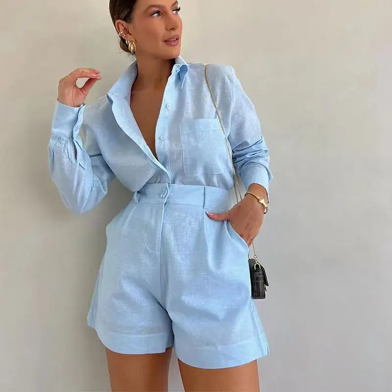 Women Long Sleeve 2 Pieces Sets Casual Simple Button Pockets Short Pant with Shirts Tops 2026 Summer Fashion Suit Female Outfits