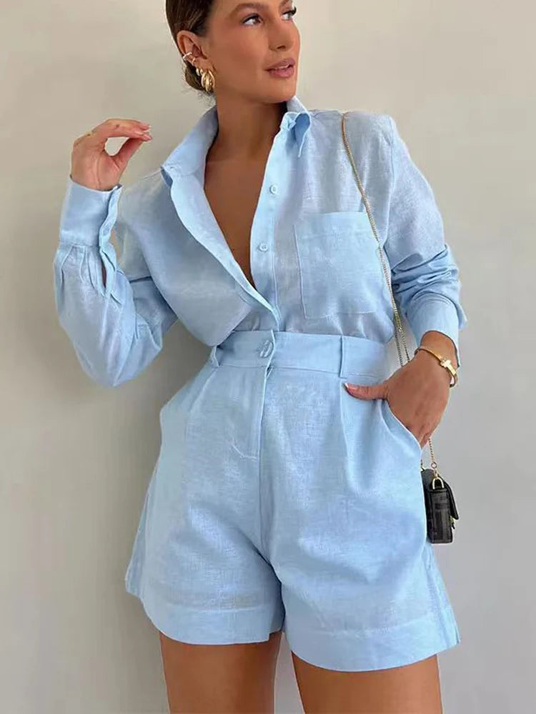 Women Long Sleeve 2 Pieces Sets Casual Simple Button Pockets Short Pant with Shirts Tops 2026 Summer Fashion Suit Female Outfits