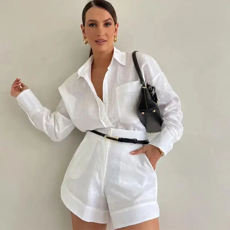 Women Long Sleeve 2 Pieces Sets Casual Simple Button Pockets Short Pant with Shirts Tops 2026 Summer Fashion Suit Female Outfits
