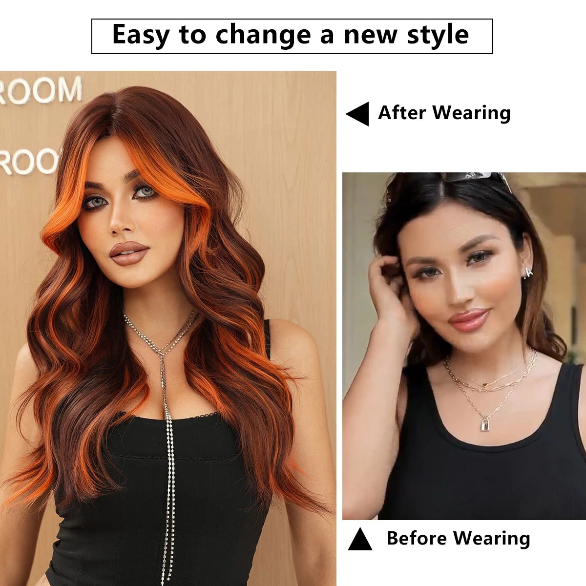 Ginger Orange Wig with Highlights Synthetic Hair Wig Brown Skunk Stripe Long Wavy Wigs Heat Resistant Fiber Wholesale for Women