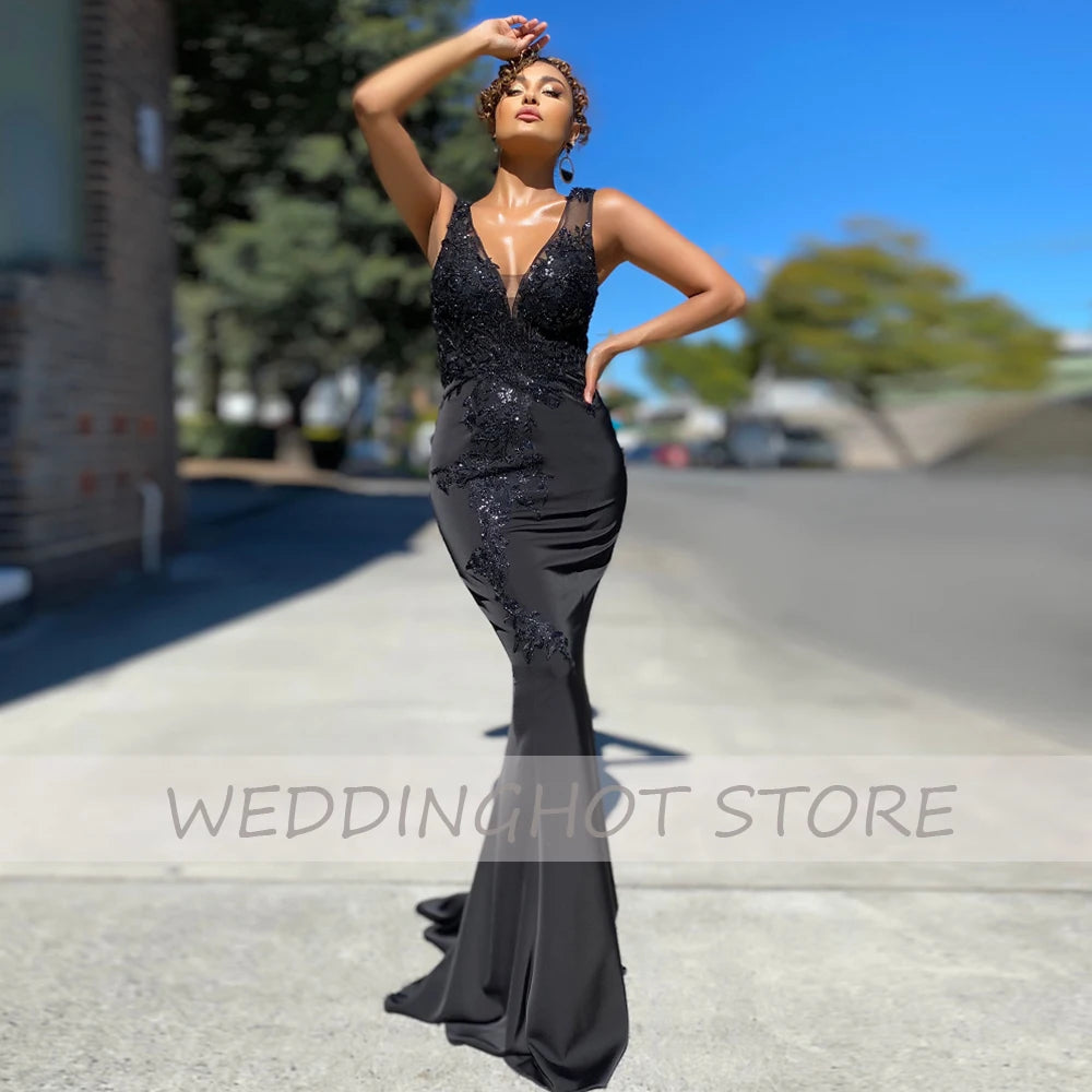 Pink Mermaid Evening Dresses 2026 Simple V-Neck Lace Applique Prom Gowns Elegant Satin Black Custom Party Dress robes de soirée