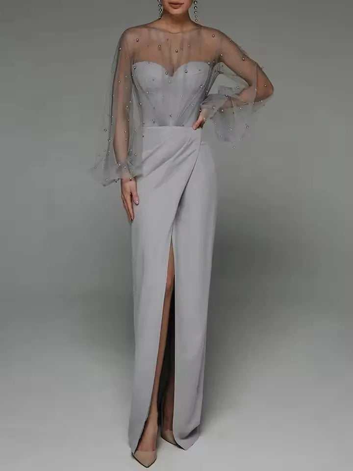 Women O-Neck Solid Loose Floor Length Dress Tulle Pearl Top Long Sleeves Evening Dresses