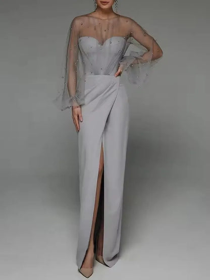 Women O-Neck Solid Loose Floor Length Dress Tulle Pearl Top Long Sleeves Evening Dresses