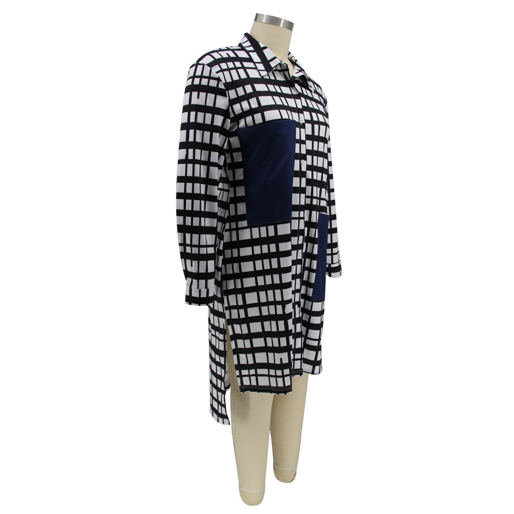 New Plus Size Dresses Women 2022 Wholesale Buttons Casual Long Sleeve Loose Office Lady Plaid Shirt Midi Dresses Dropshipping