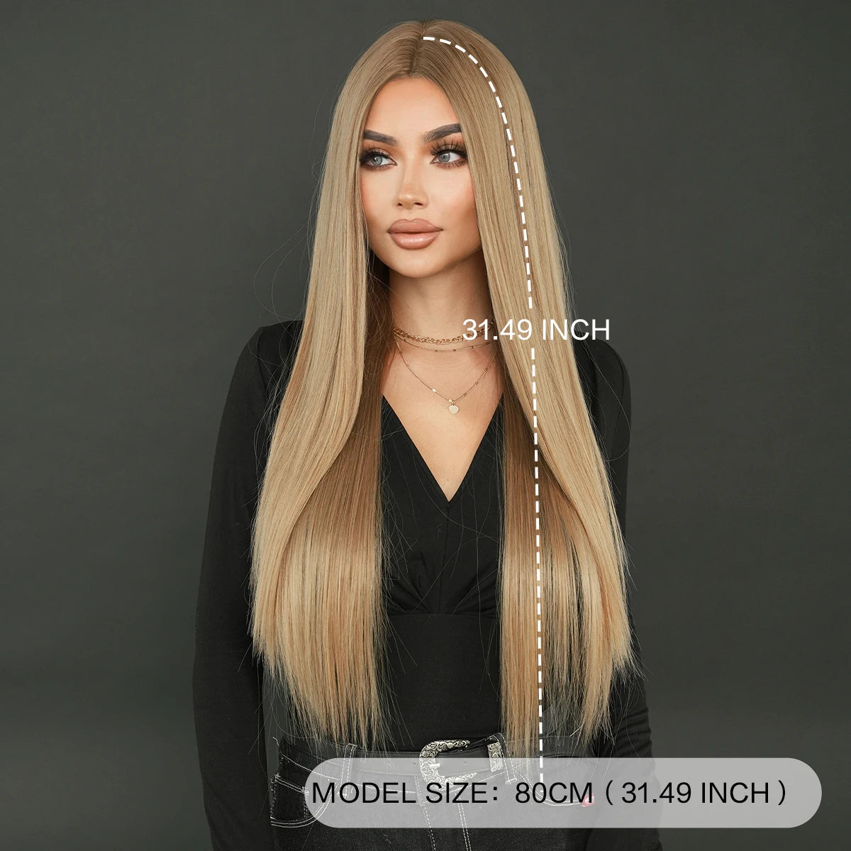 613 Blond Synthetic Hair Wigs 32 Inch Long Straight Hair with Bangs Middle Parted Ombre Blond Wigs Perucas for Women Daily Use