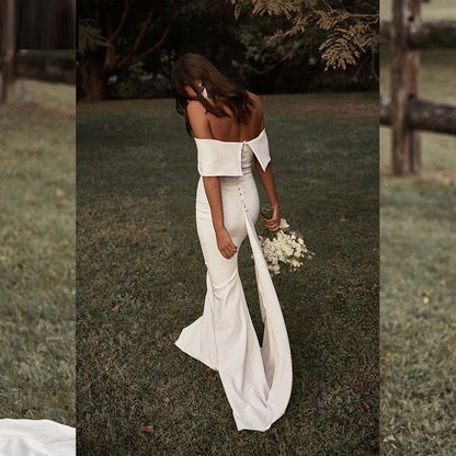 13056#Simple Off-Shoulder Elegant Short Sleeves Backless Wedding Dress Mermaid Buttons Sweep Train Soft Satin Bridal Gown