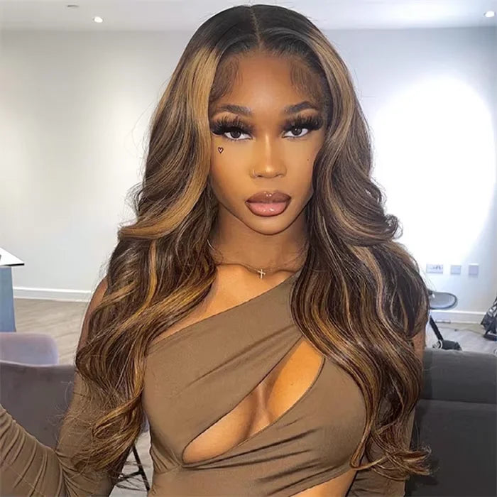 Wholesale 13x4 Lace Full Frontal Wig Brazilian Hair for Ombre Highlight Body Wave in Honey Blonde Dark Roots Transparent Lace