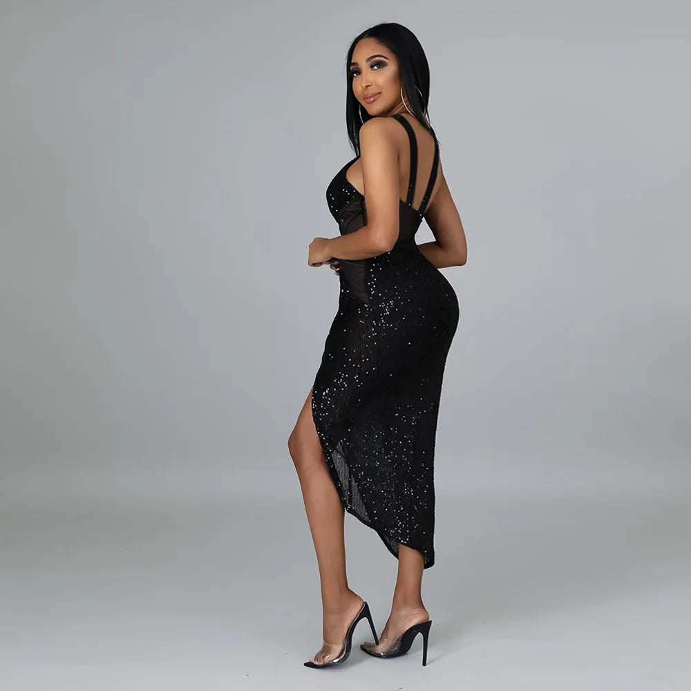 Miingstyle Wholesale Bling Rhinestone Black Mesh Casual Sexy Sequin Hollow Out Slip Dress