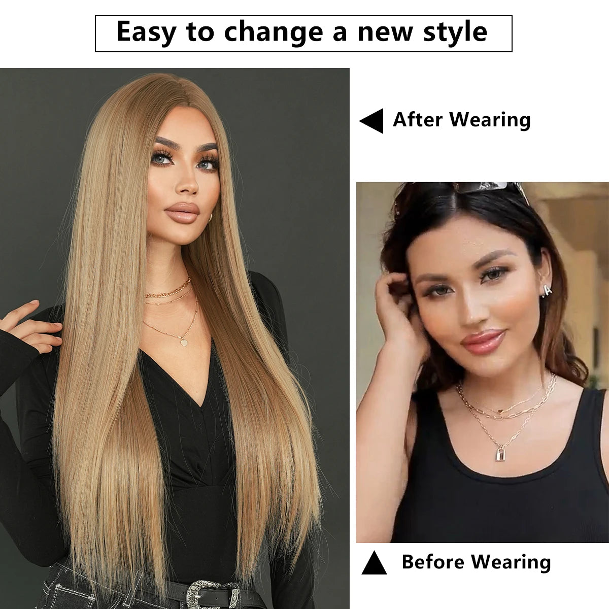 613 Blond Synthetic Hair Wigs 32 Inch Long Straight Hair with Bangs Middle Parted Ombre Blond Wigs Perucas for Women Daily Use