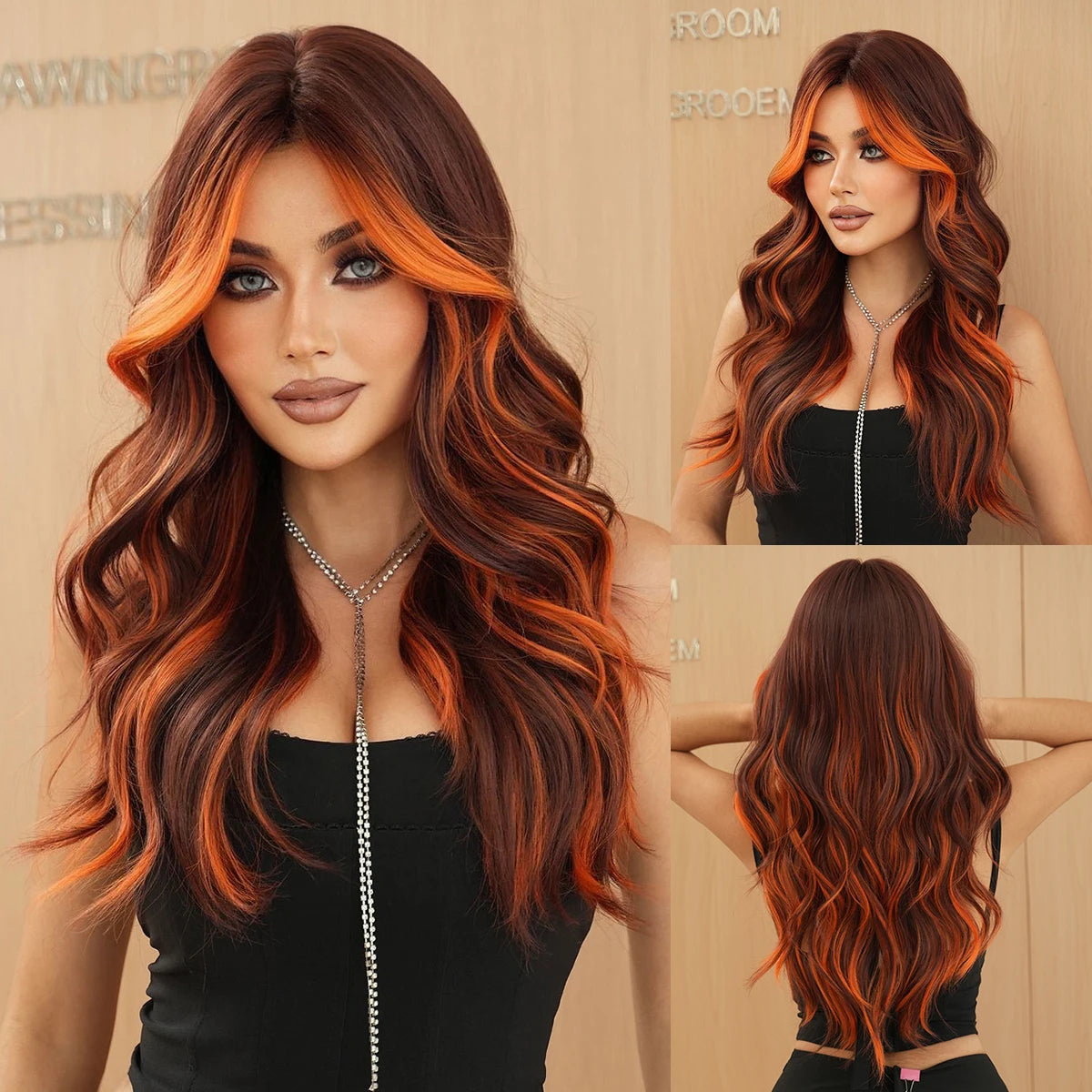 Ginger Orange Wig with Highlights Synthetic Hair Wig Brown Skunk Stripe Long Wavy Wigs Heat Resistant Fiber Wholesale for Women