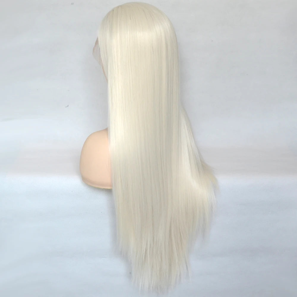 Voguequeen Platinum Blonde Synthetic Lace Front Wigs Silky Straight Heat Resistant Fiber Daily Wear For Women