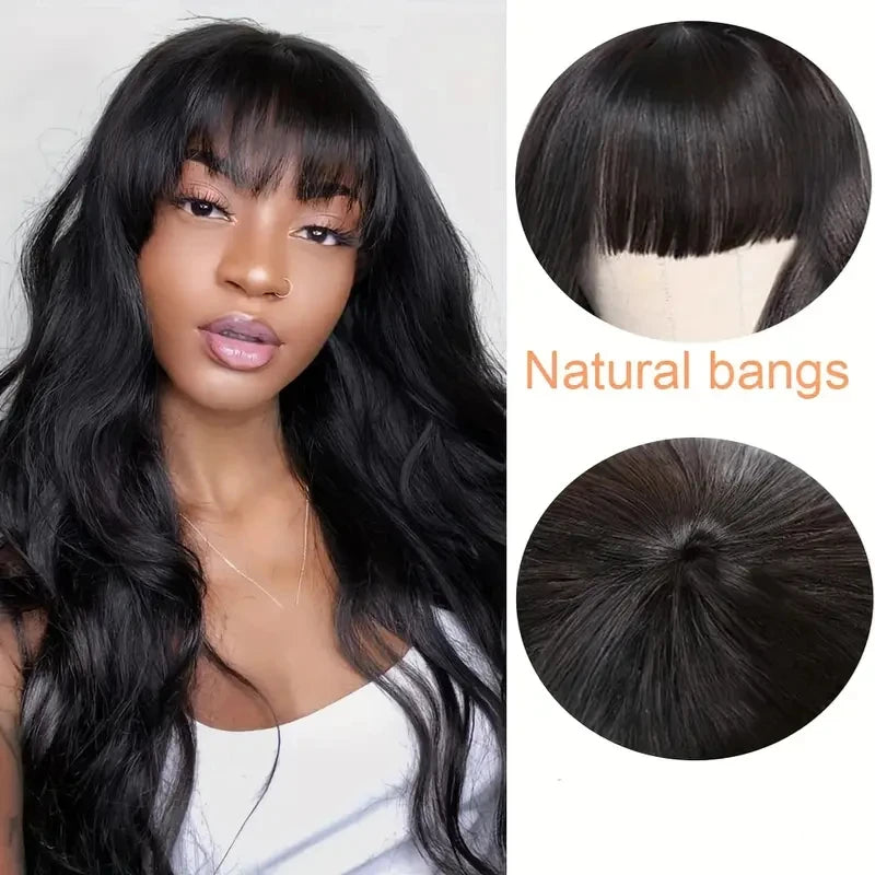 Glueless Bangs Wig Ready to Go Body Wave Human Hair Wigs with Bangs Machine Made Blend Human Hair Wigs for Women